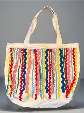 Packed Party Canvas Tote Colorful Ric Rac Fringe White Canvas Magnetic Snap